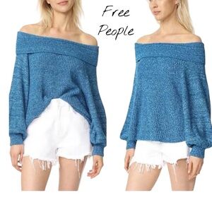Free People Edessa Pullover Blue Off Shoulder Knit Sweater Balloon Sleeve Size S